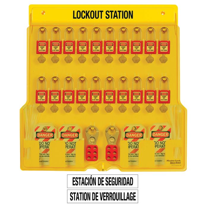 Wall Mounted Lockout Station 20-Lock Covered Station with 410RED Zenex Thermoplastic Padlocks.