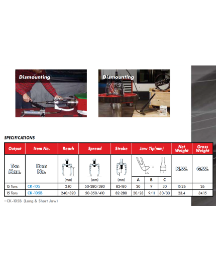 CK-105, 15 Ton Hydraulic Puller W/2 Jaw