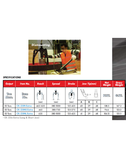 CK-25INL Extra, 50 Ton Hydraulic Puller W/2 Jaw