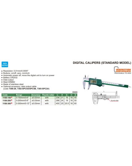 4-Way Digital Caliper: 0 in to 6 in/0 to 150 mm Range, ±0.0008 in Accuracy, Stainless Steel