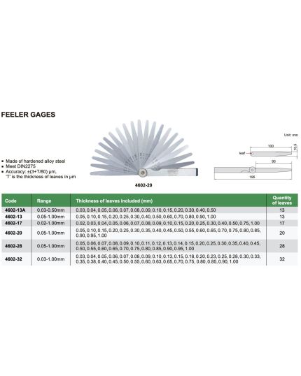 Feeler Gauge, Range 0.05-1.00mm, 13 pieces of Leaves