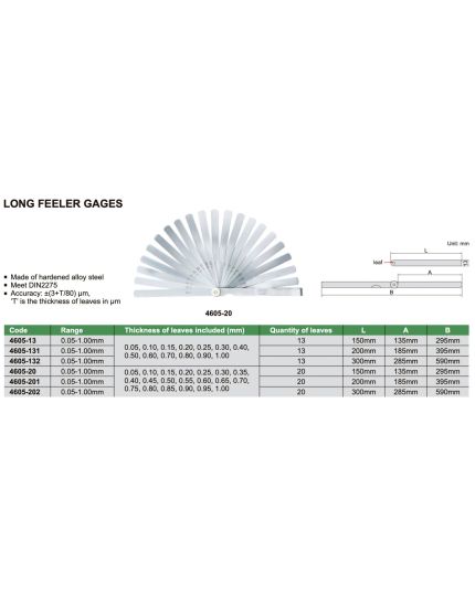 Long Feeler Gauge, Range 0.05-1.00mm, 20 pieces of Leaves