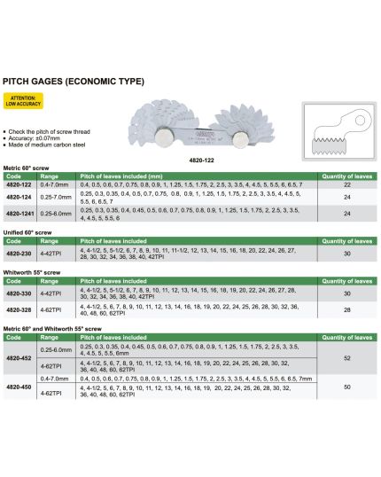 Pitch Gauge, Range 0.4~7.0mm, 4~62TPI, Quantity of Leaves 50pcs