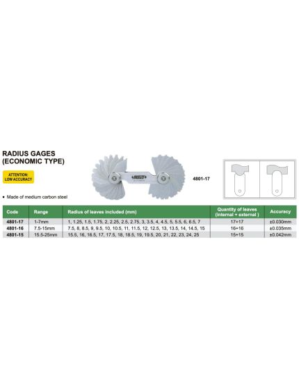 Radius Gauge, Range 1~7mm, Quantity of Leaves 17+17, Accuracy +/-0.03mm