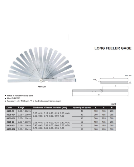 Long Feeler Gauge, Range 0.05-1.00mm, 20 pieces of Leaves