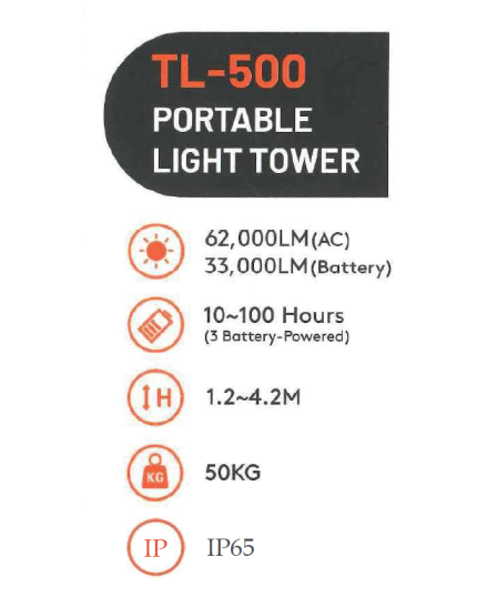 TL-500 Portable Rechargeable Light Tower, 1.3-5.3m IP65